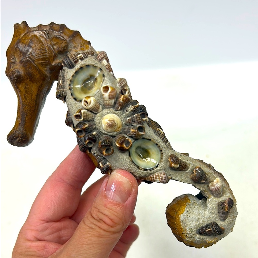 Vintage handcrafted 6.5” poured plaster seahorse with embedded seashells
